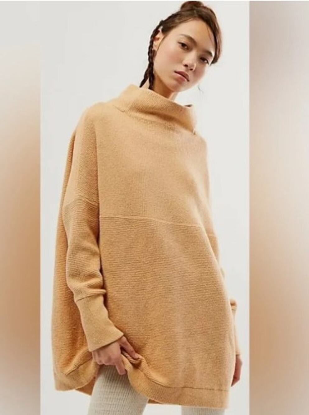NWT Free People Ottoman Slouchy Tunic Tan Cowl Neck Top Med